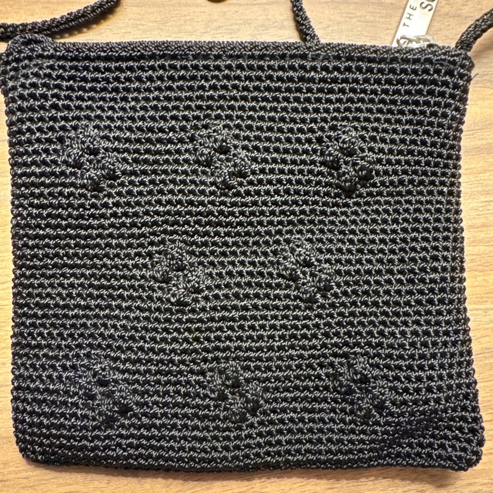 The Sak Mini Crochet Crossbody Bag Black‎ Lined W/floral Detail 6x7